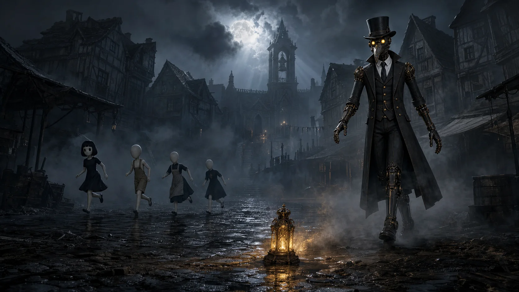 Cinematic key art: The Collector stalks four escaping souls through the wet moonlit streets of Hollowmere.